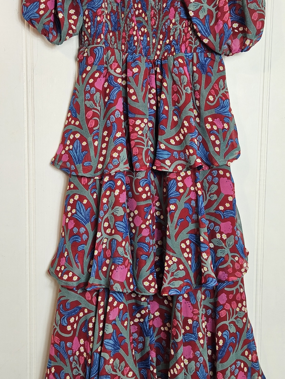 Entro Floral Tiered Maxi Dress L Puff Sleeve Smocked Cottagecore Boho - Picture 9 of 16